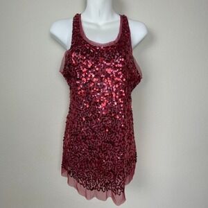 Wet Seal Y2K Blood Red Sequin Tunic Top Size XL Party Mesh Trim Festival‎ Goth